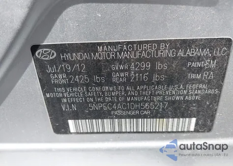 2013 Hyundai Sonata Se из США, поврежденный, VIN 5NPEC4AC1DH565217